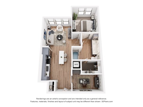 Floor plan for 1 bed, 1 bath, 847 sqft